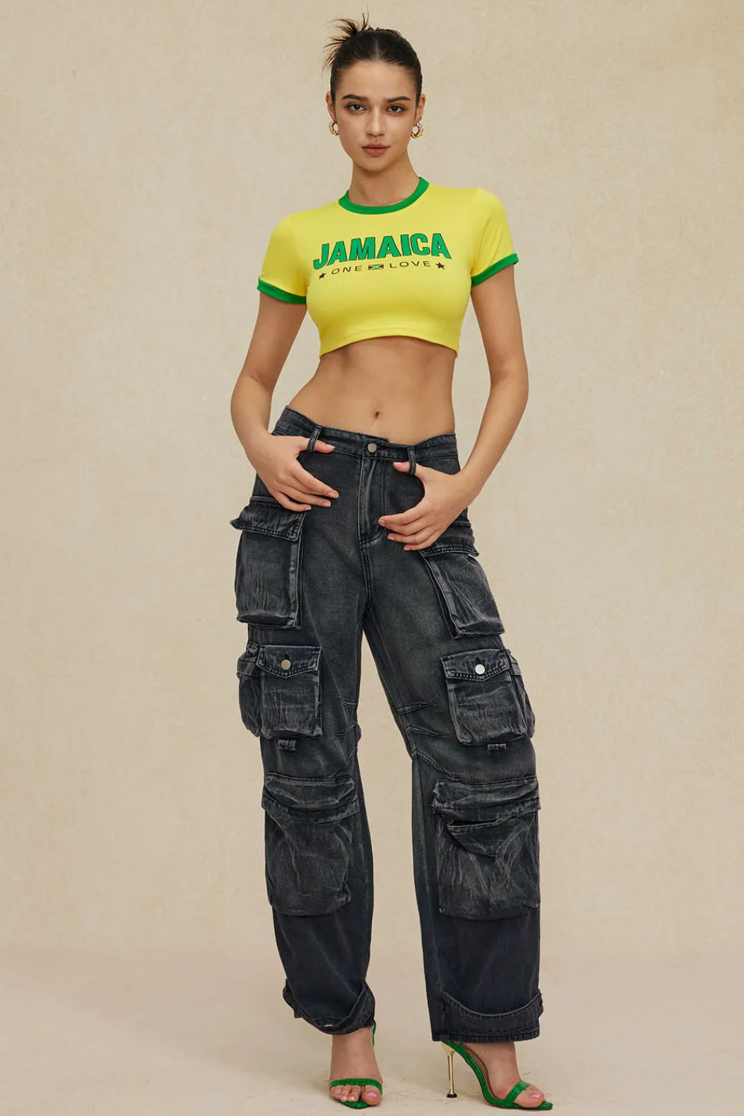 MICAS T-Shirts-Letter Printed Crop T-shirt Contrast Color