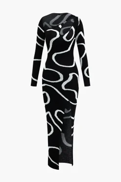 MICAS Knitwear|Knit Dresses-Line Pattern Cut Out Slit Knit Maxi Dress