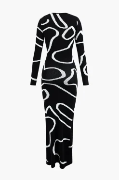 MICAS Knitwear|Knit Dresses-Line Pattern Cut Out Slit Knit Maxi Dress