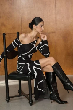 MICAS Knitwear|Knit Dresses-Line Pattern Cut Out Slit Knit Maxi Dress