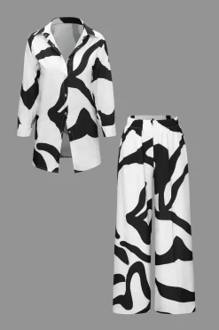 MICAS Pant Sets|Vacation Sets-Line Print Button Up Shirt And High Waist Wide Leg Pants Set BLACK