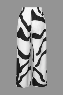 MICAS Pant Sets|Vacation Sets-Line Print Button Up Shirt And High Waist Wide Leg Pants Set BLACK