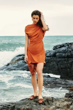 MICAS Mini Dresses-Linen Asymmetric Ruched Mini Dress DARK ORANGE