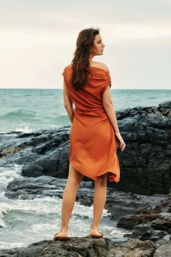 MICAS Mini Dresses-Linen Asymmetric Ruched Mini Dress DARK ORANGE