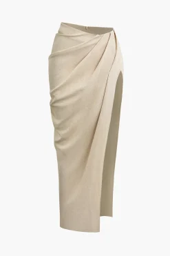 MICAS Skirts-Linen Asymmetric Ruched Slit Midi Skirt WHEAT