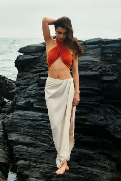 MICAS Skirts-Linen Asymmetric Ruched Slit Midi Skirt WHEAT