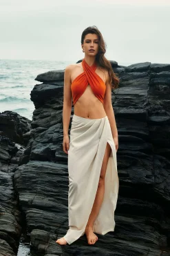 MICAS Skirts-Linen Asymmetric Ruched Slit Midi Skirt WHEAT