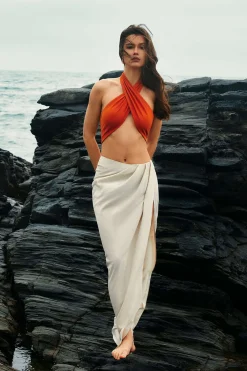 MICAS Skirts-Linen Asymmetric Ruched Slit Midi Skirt WHEAT