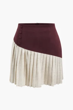 MICAS Skirts-Linen Button Patchwork Pleated Skirt