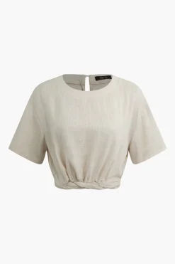 MICAS Blouses & Shirts-Linen Crop Short Sleeve Shirt BEIGE