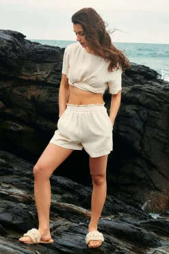 MICAS Blouses & Shirts-Linen Crop Short Sleeve Shirt BEIGE