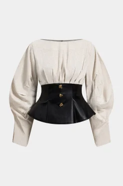 MICAS Long Sleeve Tops|Long Sleeves Tops-Linen Faux Leather Patchwork Long-Sleeve Shirt WHEAT