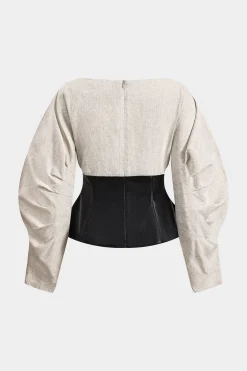 MICAS Long Sleeve Tops|Long Sleeves Tops-Linen Faux Leather Patchwork Long-Sleeve Shirt WHEAT