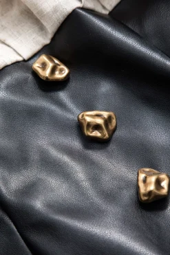 MICAS Long Sleeve Tops|Long Sleeves Tops-Linen Faux Leather Patchwork Long-Sleeve Shirt WHEAT