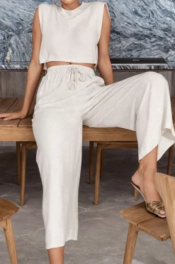 MICAS Pant Sets-Linen Padded-Shoulder Tie Side Top And Drawstring Pants Set BEIGE