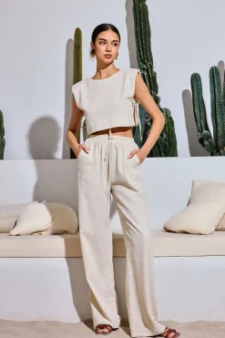 MICAS Pant Sets-Linen Padded-Shoulder Tie Side Top And Drawstring Pants Set BEIGE