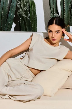 MICAS Pant Sets-Linen Padded-Shoulder Tie Side Top And Drawstring Pants Set BEIGE