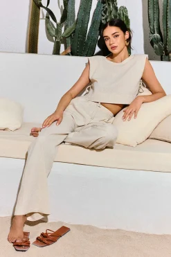 MICAS Pant Sets-Linen Padded-Shoulder Tie Side Top And Drawstring Pants Set BEIGE