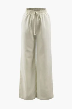 MICAS Pant Sets-Linen Padded-Shoulder Tie Side Top And Drawstring Pants Set BEIGE