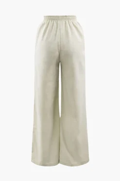 MICAS Pant Sets-Linen Padded-Shoulder Tie Side Top And Drawstring Pants Set BEIGE