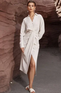 MICAS Long Sleeve Dresses|Midi Dresses-Linen Ruched Button-Up Slit Midi Shirt Dress WHEAT