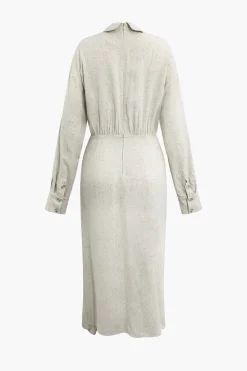 MICAS Long Sleeve Dresses|Midi Dresses-Linen Ruched Button-Up Slit Midi Shirt Dress WHEAT