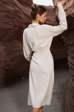 MICAS Long Sleeve Dresses|Midi Dresses-Linen Ruched Button-Up Slit Midi Shirt Dress WHEAT