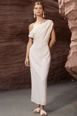 MICAS Midi Dresses-Linen Ruched Slit Midi Dress BEIGE