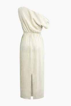 MICAS Midi Dresses-Linen Ruched Slit Midi Dress BEIGE