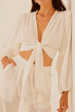 MICAS Long Sleeve Tops|Long Sleeves Tops-Linen V-neck Knot Ruched Crop Blouse BEIGE