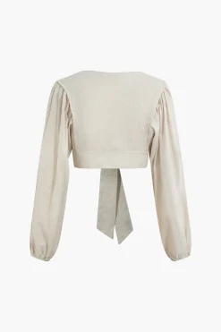 MICAS Long Sleeve Tops|Long Sleeves Tops-Linen V-neck Knot Ruched Crop Blouse BEIGE