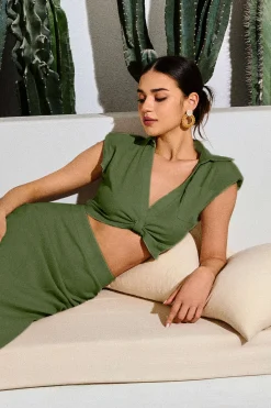 MICAS Blouses & Shirts-Linen V-neck Twist Hem Sleeveless Top BEIGE