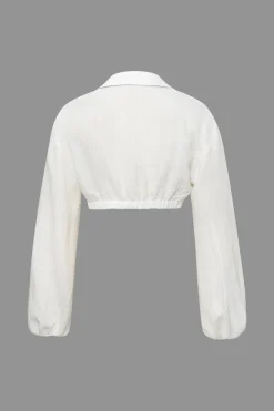 MICAS Long Sleeve Tops|Long Sleeves Tops-Linen-Blend Twist Long Sleeve V-neck Shirt WHITE