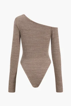 MICAS Bodysuits-Long Sleeve Asymmetrical Bodysuit TAN