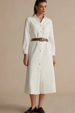 MICAS Long Sleeve Dresses|Midi Dresses-Long Sleeve Collar Belted Midi Dress WHITE