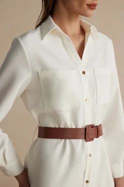 MICAS Long Sleeve Dresses|Midi Dresses-Long Sleeve Collar Belted Midi Dress WHITE