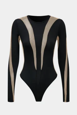 MICAS Bodysuits-Long Sleeve Patchwork Mesh Bodysuit BLACK