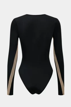 MICAS Bodysuits-Long Sleeve Patchwork Mesh Bodysuit BLACK
