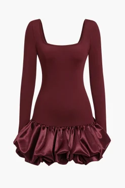 MICAS Long Sleeve Dresses|Mini Dresses-Long-Sleeve Puff Hem Mini Dress BURGUNDY
