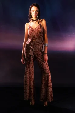 MICAS Pants-Low Rise Tie Dye Tie Waist Flare Leg Pants BROWN