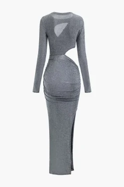 MICAS Long Sleeve Dresses|Maxi Dresses-Lurex Asymmetric Cut Out Long Sleeve Maxi Dress SILVER