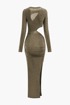 MICAS Long Sleeve Dresses|Maxi Dresses-Lurex Asymmetric Cut Out Long Sleeve Maxi Dress SILVER