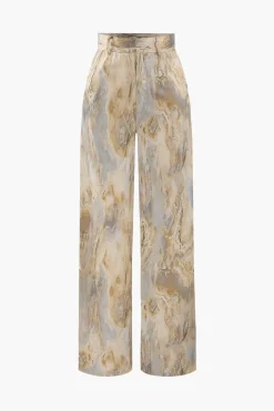 MICAS Pants-Marble Print High Waisted Full-length Straight Leg Pants