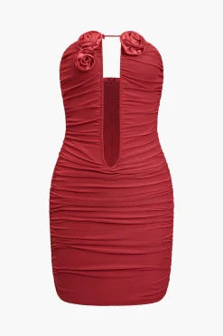 MICAS Mini Dresses-Mesh Backless Appliques Ruched V-Neck Mini Dress CHILI