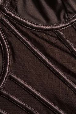 MICAS Bodysuits|Corset & Bustier Tops-Mesh Backless Bustier Bodysuit BROWN