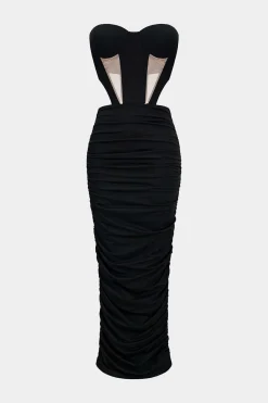 MICAS Maxi Dresses-Mesh Backless Patchwork Strapless Maxi Dress BLACK