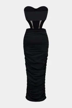 MICAS Maxi Dresses-Mesh Backless Patchwork Strapless Maxi Dress BLACK