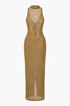 MICAS Maxi Dresses-Mesh Backless Sheer Rhinestone Maxi Dress PURE GOLD