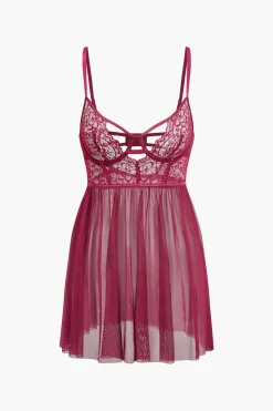 MICAS Lingerie & Sleepwear-Mesh Bustier Cut Out Embroidery Side Slit Sleepwear Set BURGUNDY