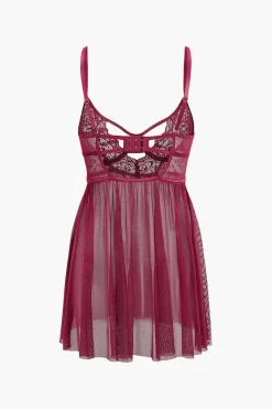 MICAS Lingerie & Sleepwear-Mesh Bustier Cut Out Embroidery Side Slit Sleepwear Set BURGUNDY